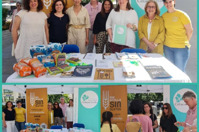 16 DE MAYO DIA DEL CELIACO ASPROCESE ESTUVO DANDO VISIBILIDAD A PIE DE CALLE JUNTO A LA RED SEVILLA SIN GLUTEN DEL AYUNTAMIENTO DE SEVILLA Y OTROS COLABORADORES